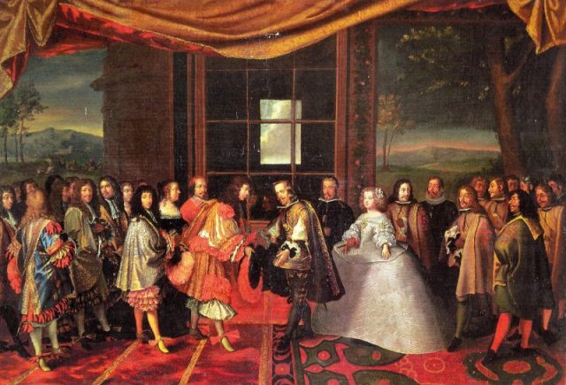 Meeting on the Isle of Pheasants, June 1660; Maria Theresa is handed over to the French and her husband by proxy, Louis XIV