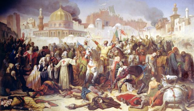 Taking of Jerusalem by the Crusaders by Emile Signol. A 19th century painting depicting the end of the Siege of Jerusalem on July 15, 1099, during the First Crusade