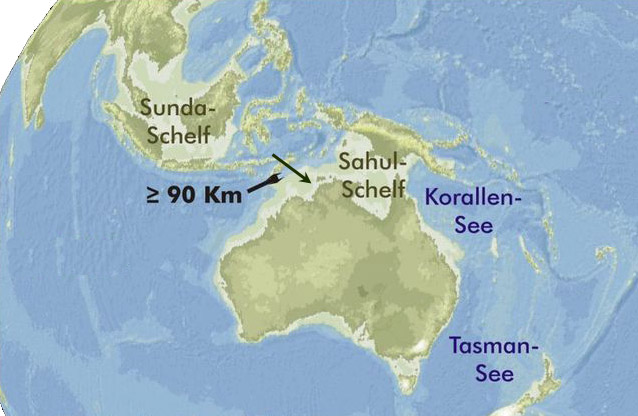 The map shows the probable extent of land and water at the time of the last glacial maximum and when the sea level was probably more than 150 meters lower than today; it illustrates the formidable sea obstacle that migrants would have faced. Photo by Muntuwandi CC BY-SA 2.5