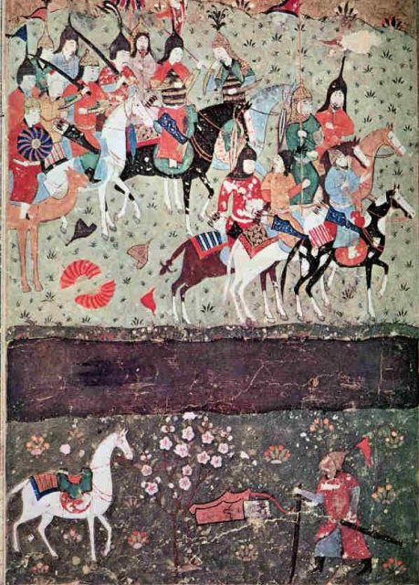 Genghis Khan watches in amazement as the Khwarezmi Jalal ad-Din prepares to ford the Indus