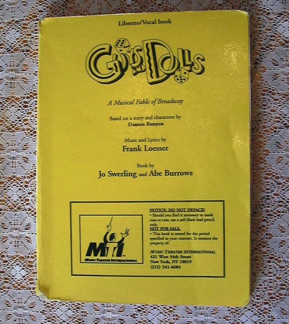 Guys and Dolls, Libretto and Vocal book, printed by Music Theatre International, 1978. This book was rented out to actors and actresses in the play. Photo by Goldenrowley CC BY-SA 3.0