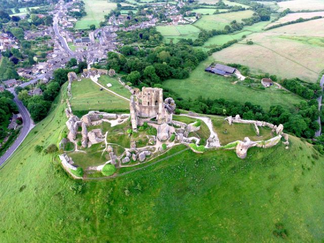 The ruins of Corfe Castle. Built by William the Conqueror, the castle dates to the 11th century. Located on the Isle of Purbeck in Dorset.
