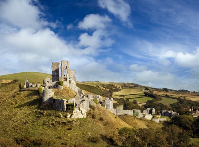 The ruins of Corfe Castle in Dorset, England