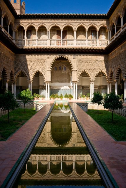 The lower level of the Patio was built for King Peter I in 1364 as a royal residence. The name “Courtyard of the Maidens” (Patio de las Doncellas) refers to the legend that the Moors demanded 100 virgins every year as tribute from Christian kingdoms in Iberia