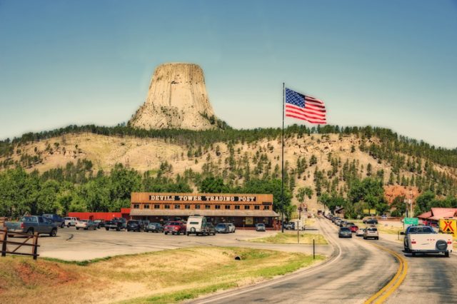 Devils Tower, Wyoming, USA- July 18, 2016: In 1906 President Teddy Roosevelt designated Devils Tower as the nation’s first national monument