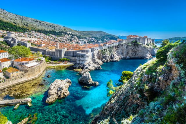 Aerial panoramic view at famous European travel destination Dubrovnik on the Adriatic Coast, Croatia