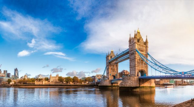 Panoramic London skyline with Tower Bridge and the Tower of London as viewed from South Bank of the River Thames