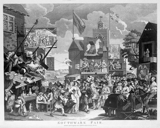 James Figg features as the mounted swordsman, bottom right, in Hogarth’s Southwark Fair