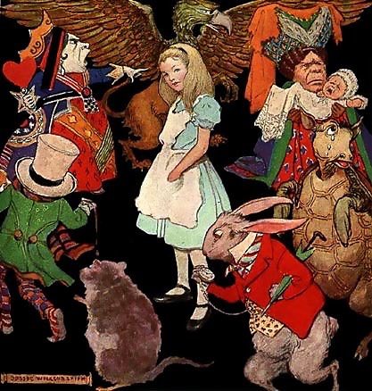 Jessie Willcox Smith’s illustration of Alice surrounded by the characters of Wonderland, 1923