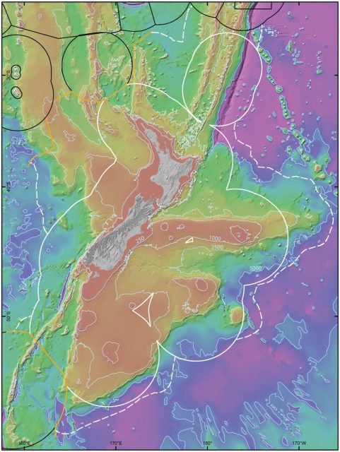 Map showing bathymetry [depth] of the seafloor around New Zealand, including most of Zealandia. The boundaries of countries’ exclusive economic zones and New Zealand’s continental shelf are also shown. Photo by Dennis P. Gordon, Jennifer Beaumont, Alison MacDiarmid, Donald A. Robertson, Shane T. Ahyong CC BY 2.5