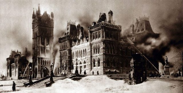 The parliament buildings the morning after the fire of 1916