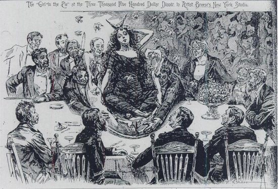 Newspaper illustration: “The ‘Girl in the Pie’ at the three thousand five hundred dollar dinner in Artist Breese’s New York Studio” (event occurred May 20, 1895).