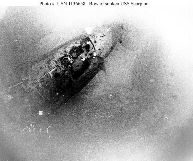 U.S. Navy photo of the bow section of Scorpion taken by the crew of Trieste II, 1968
