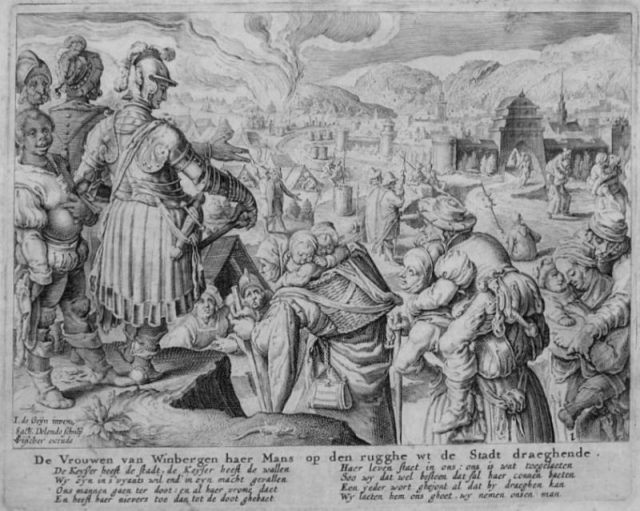 An artist’s representation of the siege of Weinsberg and the loyal women 1140. Copper engraving by Zacharias Dolendo, 16th century.