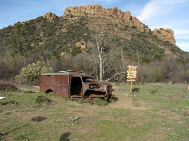 M*A*S*H site in Malibu Creek State Park. Hulk of a Dodge WC54 ambulance. Copy of the original M*A*S*H signpost was installed on the site in 2008. Photo by Matt Sachtler CC BY-SA 2.0