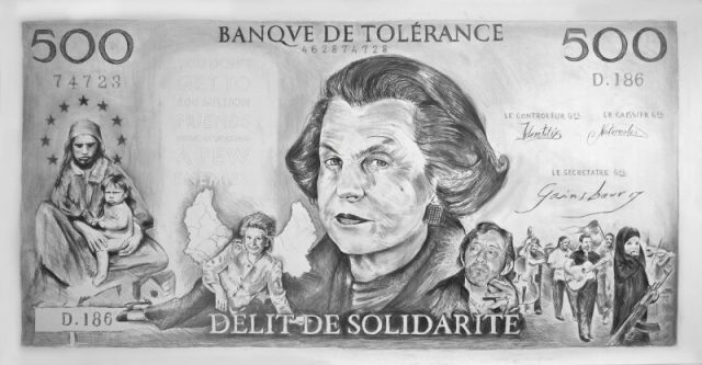 Drawing representing Liliane Bettencourt on a replica bank note. Photo by Filip Markiewicz CC BY-SA 3.0