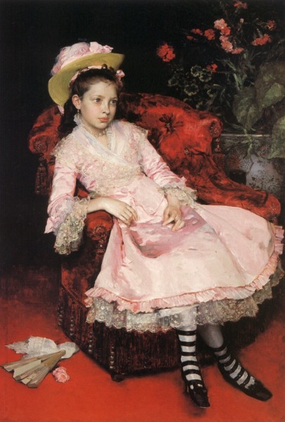Portrait of a young girl in pink dress by Raimundo de Madrazo y Garreta, 1890s