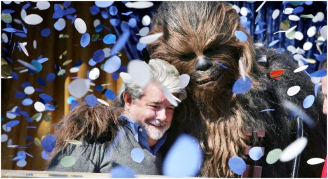 George Lucas with Chewbacca. Photo by Getty Images