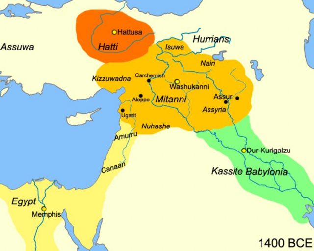 Map of the near east circa 1400 BCE showing Mittani empire. Image by Javierfv1212 CC BY-SA 3.0