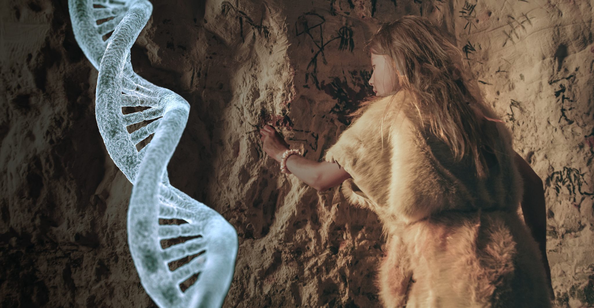 DNA strand and girl making cave drawings