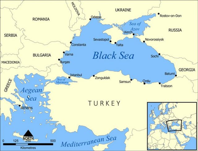 A map showing the location of the Black Sea and some of the large or prominent ports around it. The Sea of Azov and Sea of Marmara are also labelled. Norman Einstein – CC BY-SA 3.0