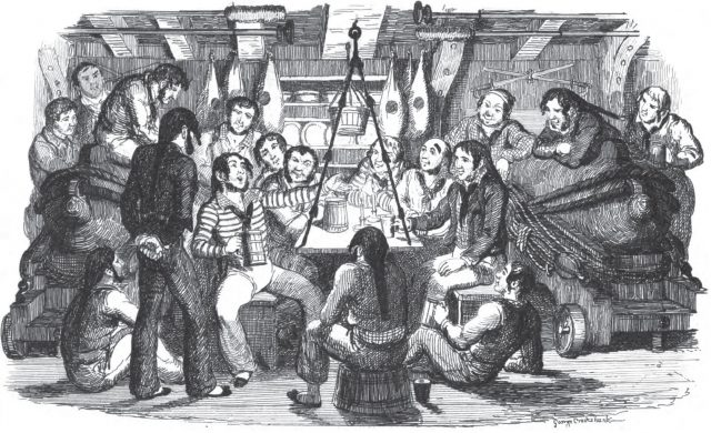 Early 19th century Royal Navy sailors singing while off duty