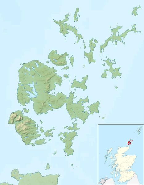 Map of the Orkney islands at the northern tip of Scotland where the viking hall was found,  Contains Ordnance Survey data © Crown copyright and database right CC by SA-3.0
