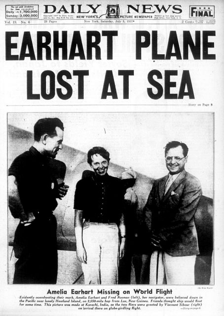  front page of the daily news dated july 3, 1937, headline: earhart plane lost at sea, subhead: amelia earhart missing on world flight, (photo by ny daily news archive via getty images)