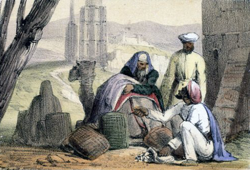A print from 1845 shows cowry shells being used as money by an Arab trader.