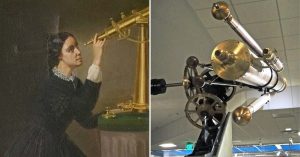 portrait of Maria Mitchell (left) and her telescope as it exists today at the Smithsonian (right)