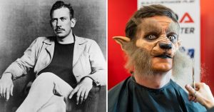 John Steinbeck (left) and a man being made up as a werewolf (right)