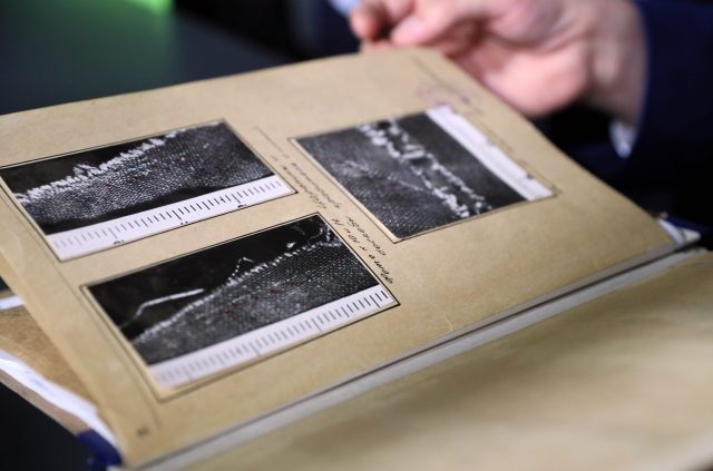 Files seen during a press conference on the investigation of the Dyatlov Pass Incident case