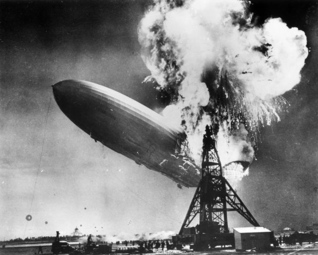 The Hindenburg disaster at Lakehurst, New Jersey, which marked the end of the era of passenger-carrying airships.