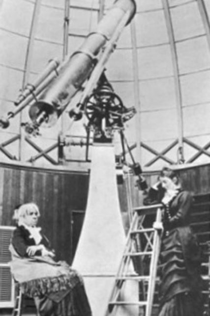 Maria Mitchell and a Vassar student using her telescope
