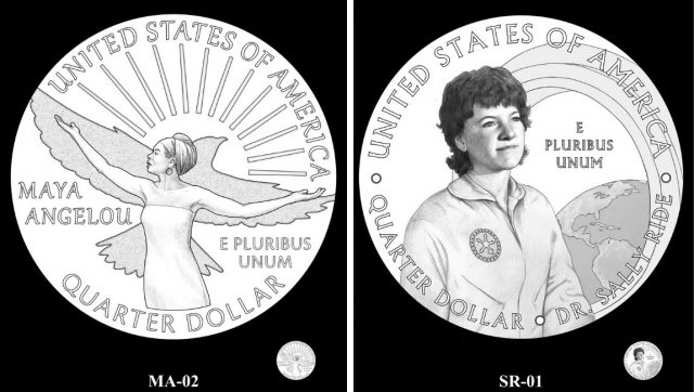 Proposed quarter reverses for both the Maya Angelou Quarter (left) and Sally Ride quarter (right).(Photo Credit: United States Mint)