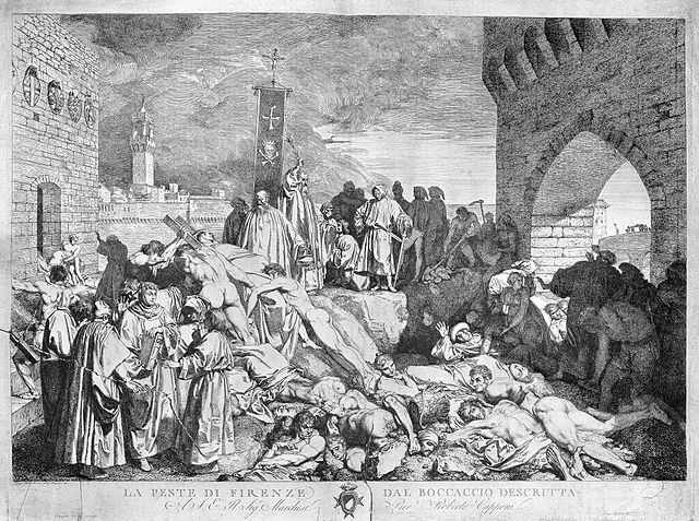The plague of Florence, as described in Boccaccio's Decameron. Etching by L. Sabatelli