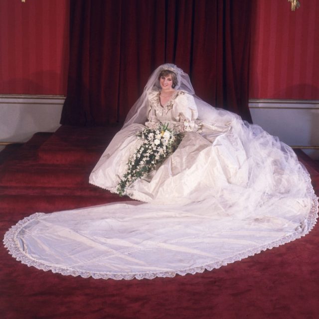 Formal portrait of Lady Diana Spencer in her wedding dress.