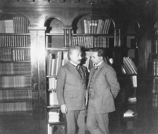 Black and white photograph of Albert Einstein and his son, Hans, in 1927