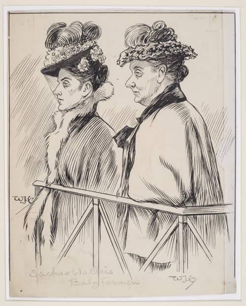 courtroom drawing of Amelia Sach and Annie Walters 