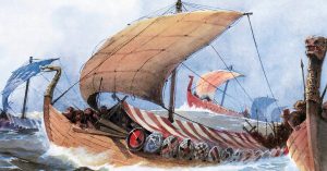 Viking boat in transit towards Normandy, watercolour, 19th century.