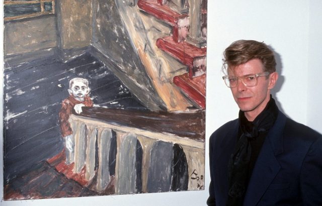 David Bowie and his painting at the Eduard Nakhamkin Fine Arts Gallery in New York City, New York 