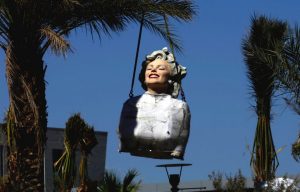 A portion of the 26-foot-tall statue of Marilyn Monroe dubbed, "Forever Marilyn," being assembled and installed on a platform at the corner of Museum Way and Belardo Road in Palm Springs on June 10, 2021.