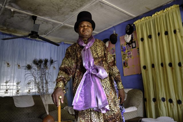 Modern-day Efik king dressed in fancy costume at his Creektown home.