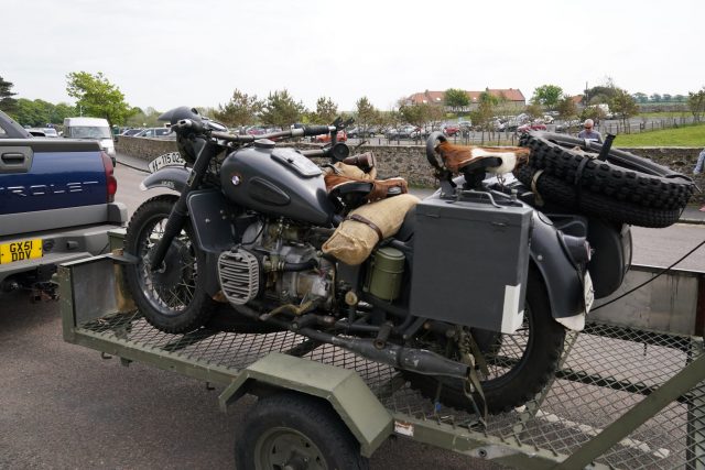 A replica SS motorbike is driven into the grounds of Bamburgh Castle in Northumberland, which is being used as a filming location for what is believed to be the new Indiana Jones 5 movie. 