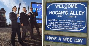 F.B.I. trainees and the welcome sign to Hogan's Alley