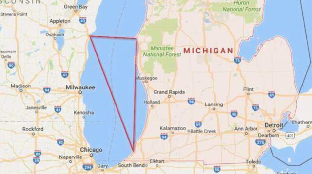 A map showing the boundaries of the Lake Michigan Triangle