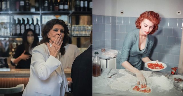 Left: Sophia Loren blows a kiss at the opening of “Sophia Loren, Original Italian Food.” Right: Sophia Loren prepares an Italian dish, circa 1965. (Photo Credit: Laura Lezza/Getty Images and Archive Photos/Stringer/Getty Images)