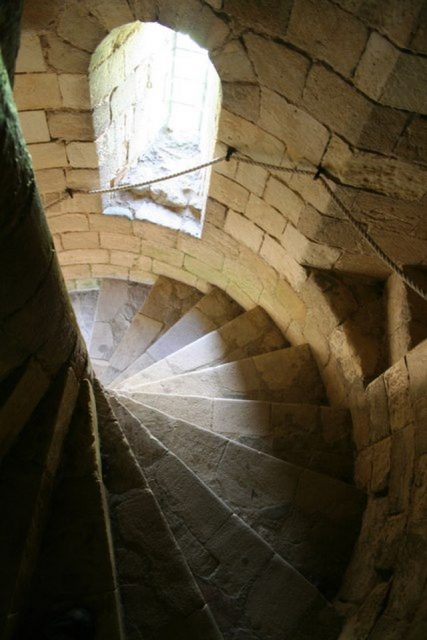 Top view of a spiral staircase at Castle Rising