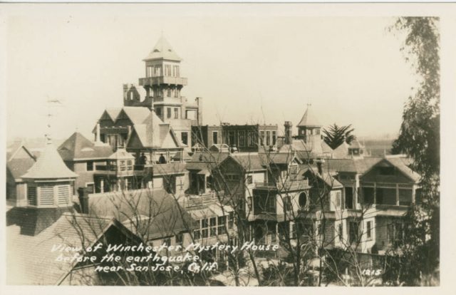 Postcard showing the Winchester Mystery House before an earthquake reduced it from seven stories to four.
