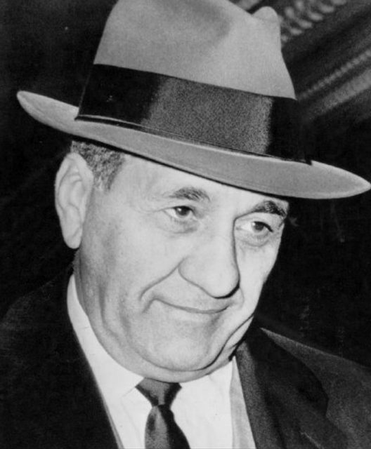 Close-up image of mobster Anthony Accardo wearing a hat